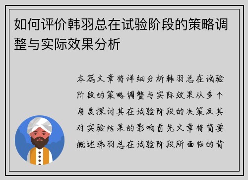 如何评价韩羽总在试验阶段的策略调整与实际效果分析