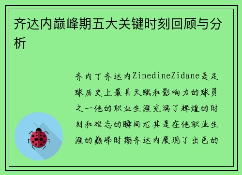 齐达内巅峰期五大关键时刻回顾与分析